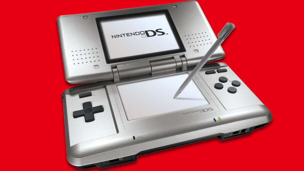 The Nintendo DS on a red background.