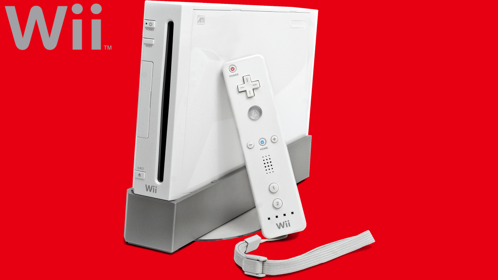 The Nintendo Wii on a red background.
