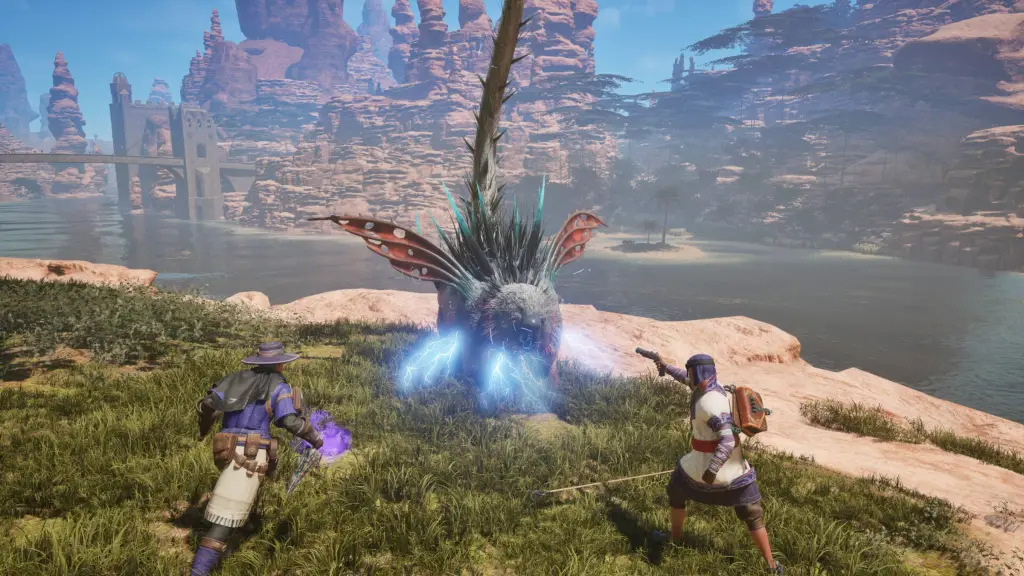 Two players fighting a monster in a field in Outward 2.