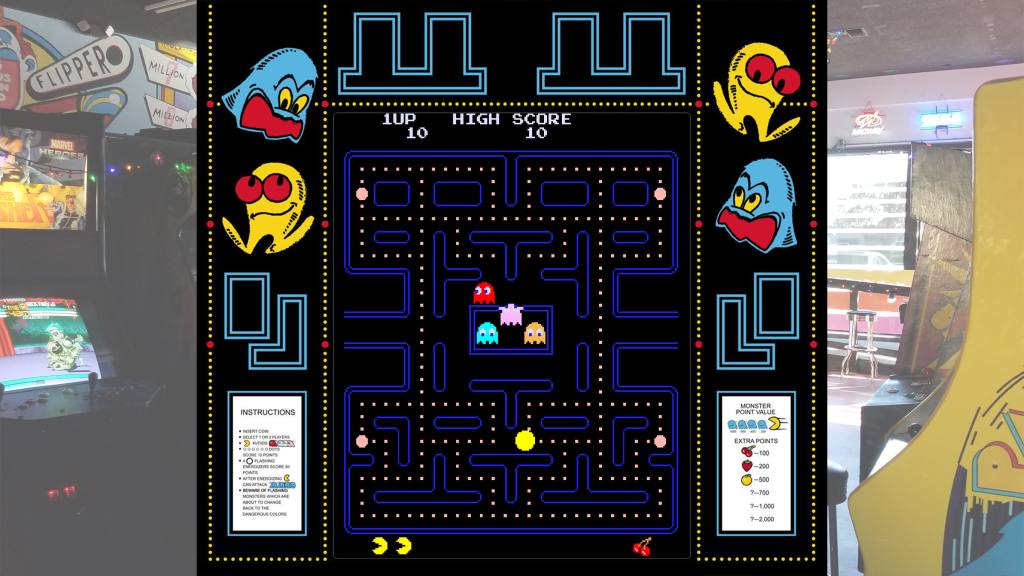 A screenshot from Pac-Man (1980) with arcade art bezel over a picture of Retrovolt Arcade.