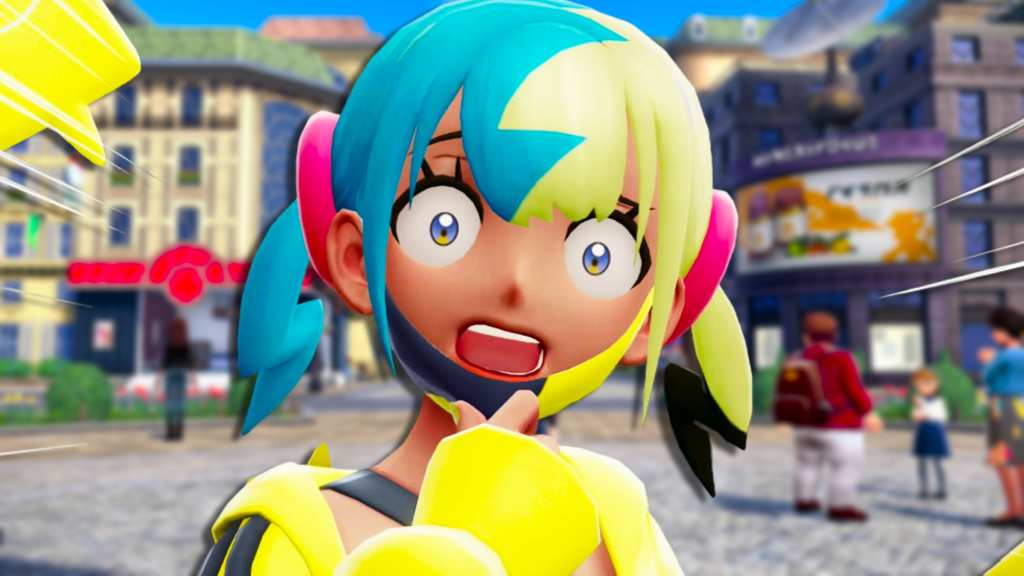 An NPC in Pokemon Legends Z-A looking shocked with Lumiose City behind her.