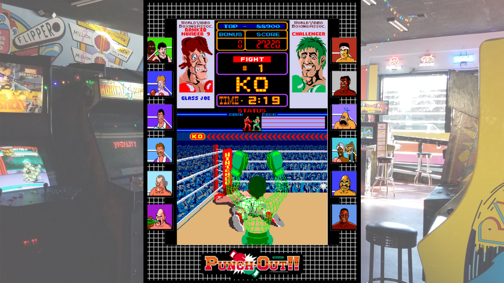 A screenshot from Punch-Out!! with arcade art bezel over a picture of Retrovolt Arcade.