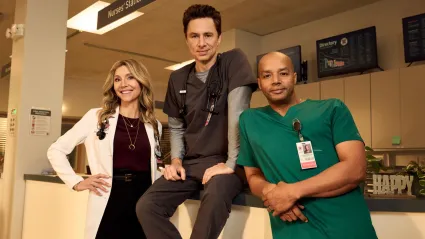 Sarah Chalke as Elliot, Zach Braff as JD, and Donald Faison as Turk in Scrubs Season 10