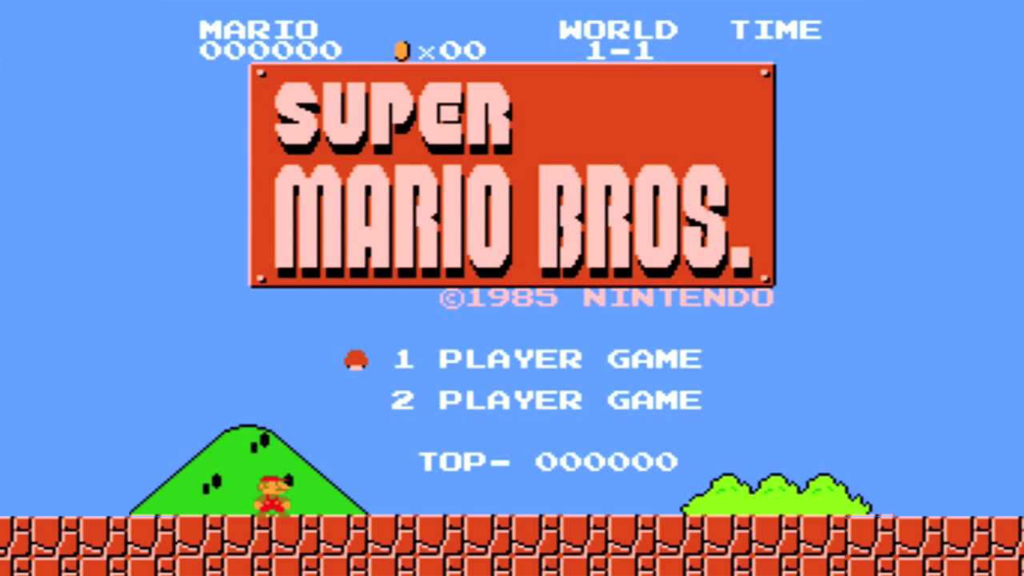 A screenshot of the intro screen from Super Mario Bros. (1985).