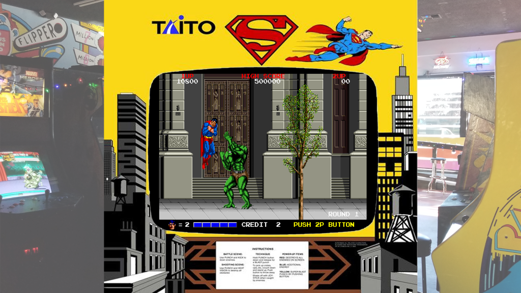 Superman (1988) screen with arcade art bezel over a picture of Retrovolt Arcade.