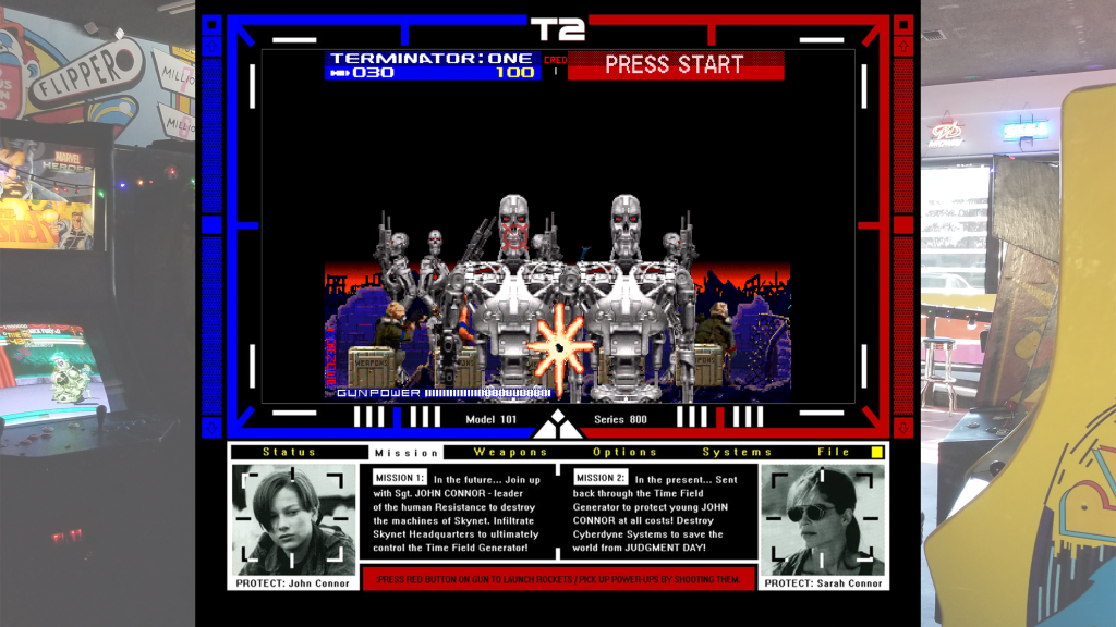 A screenshot from Terminator 2: Judgment Day (Arcade) with bezel art over a picture of Retrovolt Arcade.