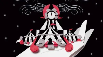 A hand holding circus tents on the cropped cover of The Night Circus