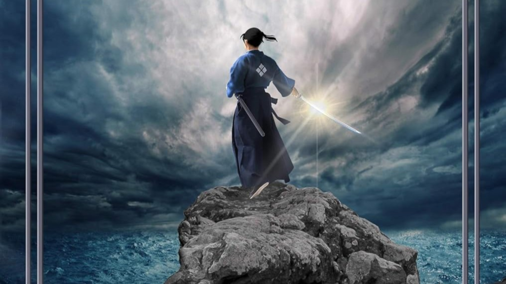 The cropped cover of The Sword of Kaigen featuring someone standing on a rock with a sword