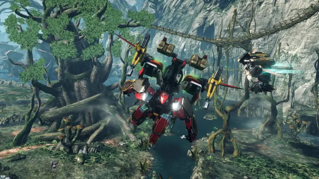 Mechs flying through a forest in Xenoblade Chronicles X Definitive Edition
