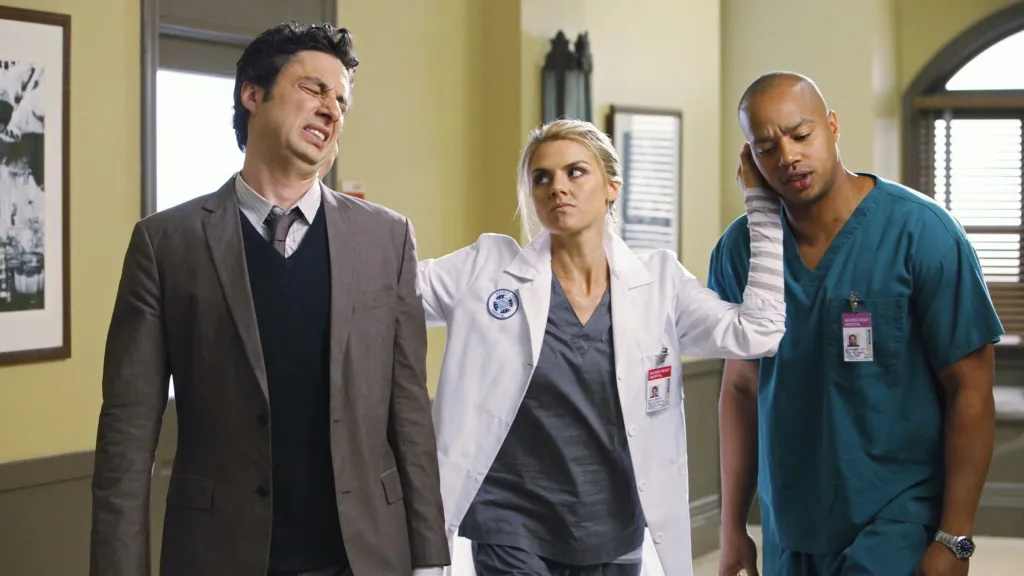Zach Braff as JD, Eliza Coupe as Denise, and Donald Faison as Turk in Scrubs