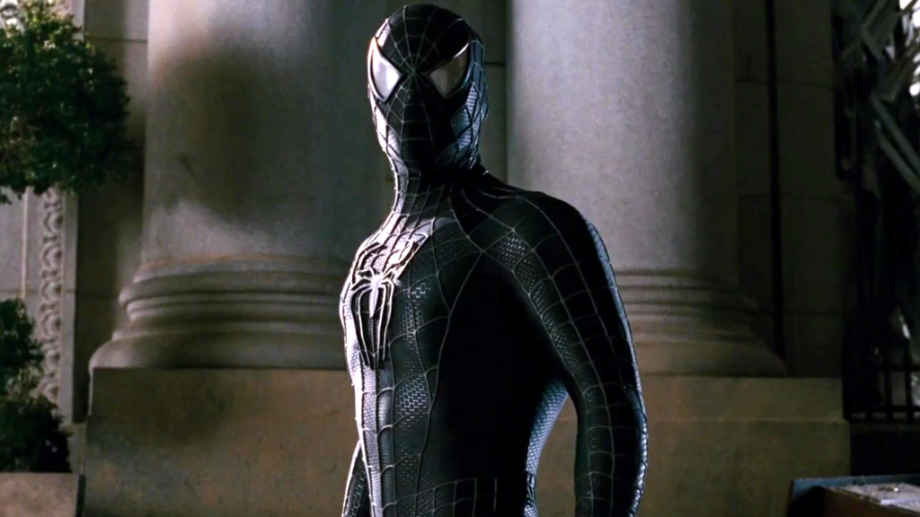 Tobey Maguire as Spider-Man in his black symbiote suit in Spider-Man 3 (2007)