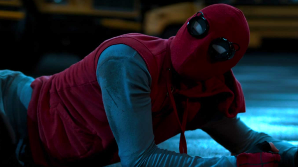 Tom Holland as Spider-Man in his homemade suit in Spider-Man: Homecoming (2017)