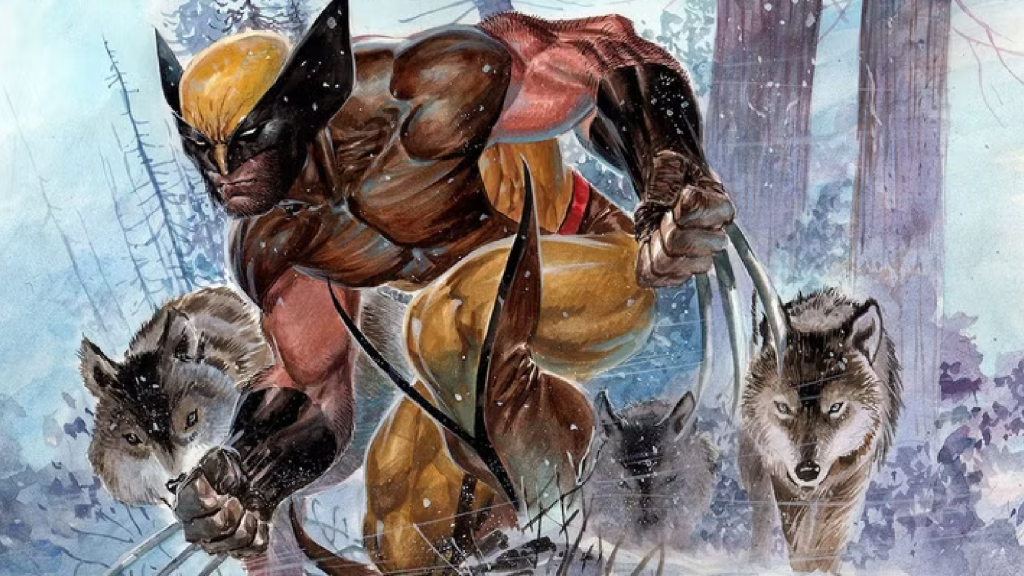 Wolverine surrounded by wolves in Marvel Comics