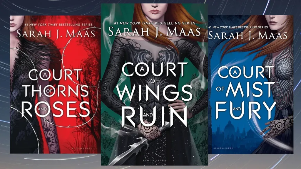 The covers of A Court of Thorns and Roses, A Court of Wings and Ruin, and A Court of Mist and Fury against a sky background