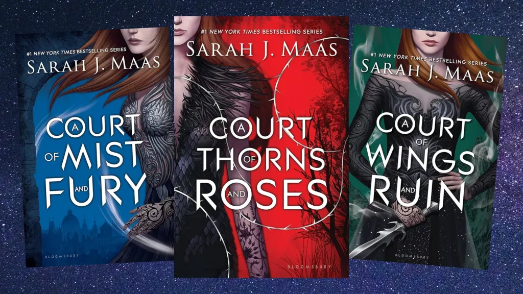 The covers of A Court of Mist & Fury, A Court of Thorns & Roses, and A Court of Wings & Ruin against a starry sky