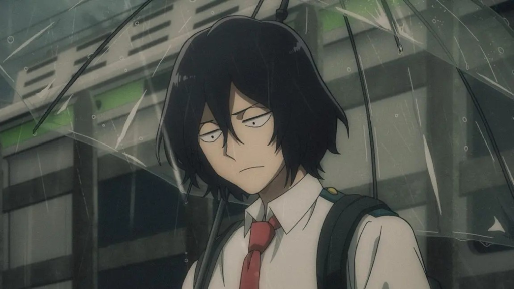 Young Aizawa holding an umbrella and frowning in MHA: Vigilantes Season 2, Episode 6