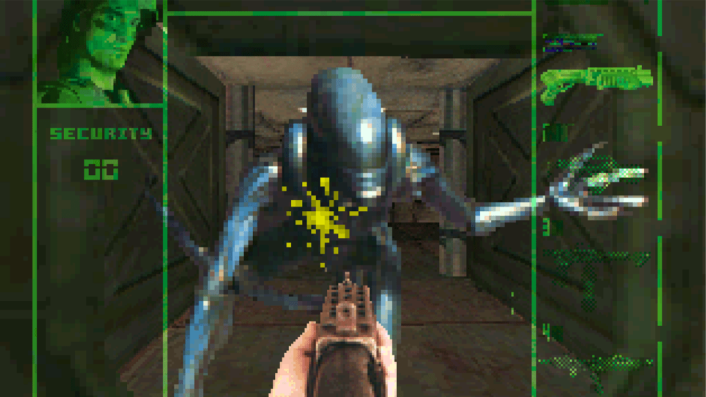A screenshot from Alien vs Predator (1994) on the Atari Jaguar.