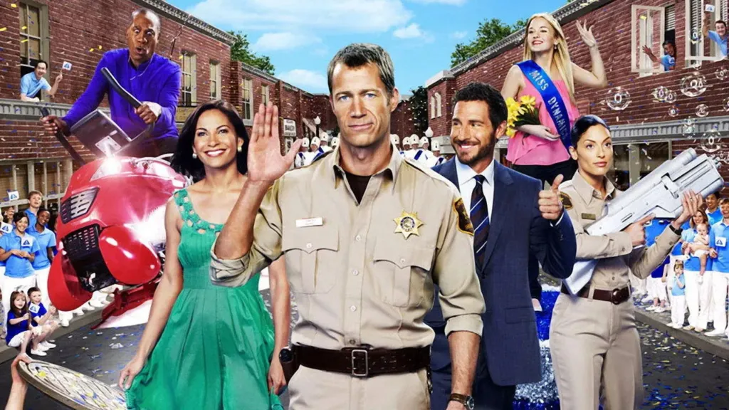 Colin Ferguson as Sheriff Jack Carter leading the cast of Syfy's Eureka