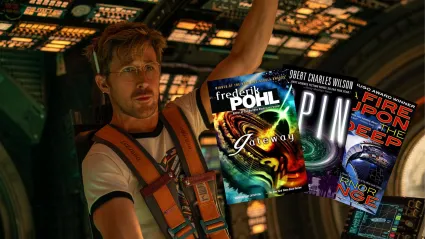 Collage of Ryan Gosling in Project Hail Mary with several sci-fi books