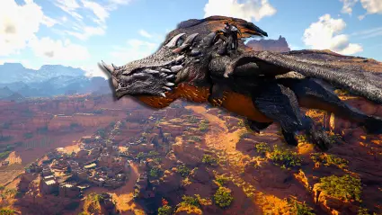 Kliff riding a dragon over a desert town in Crimson Desert.