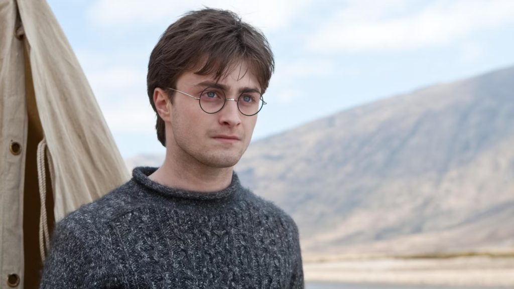 Daniel Radcliffe looking serious as Harry Potter