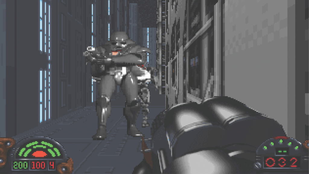A screenshot from Star Wars: Dark Forces, showing Dark Troopers.