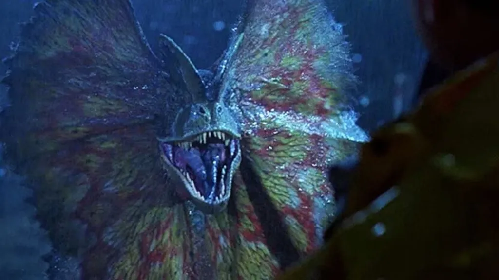 The Dilophosaurus about to shoot venom in Jurassic Park