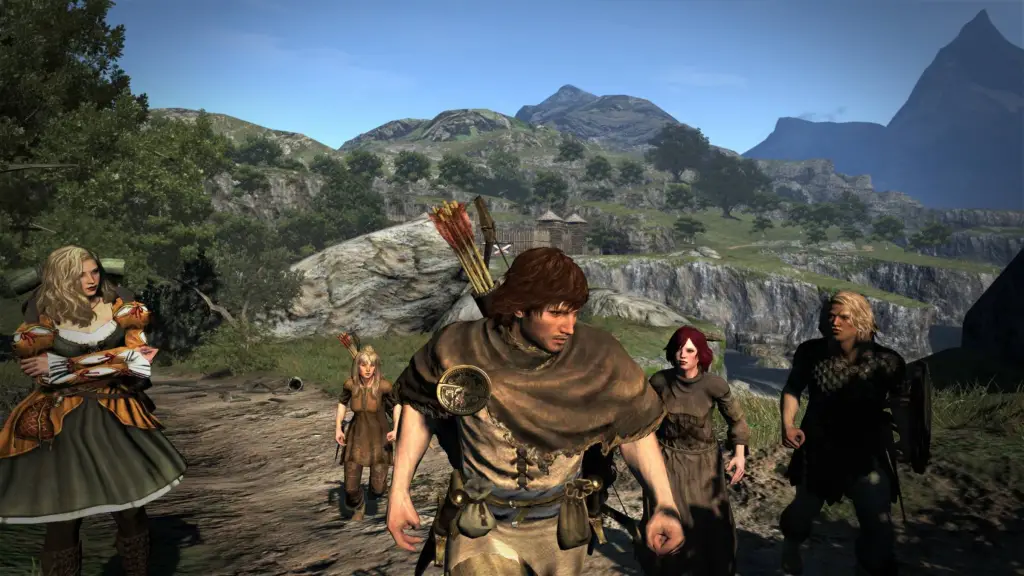 The player and their pawns exploring the world in Dragon's Dogma Dark Arisen.