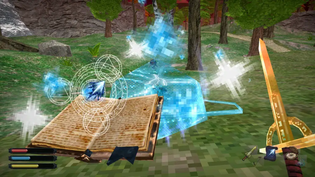 The player wielding a spellbook and dagger in Dread Delusion.