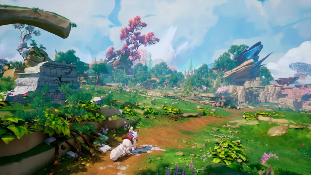 The player riding an animal across the field in Edge of Memories.