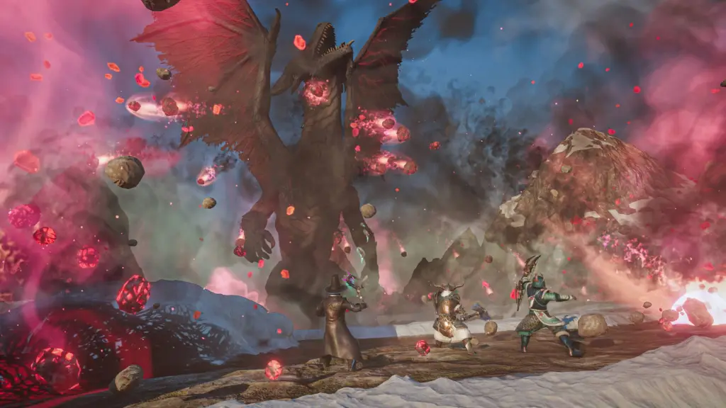 Players fighting a dragon in Enshrouded.