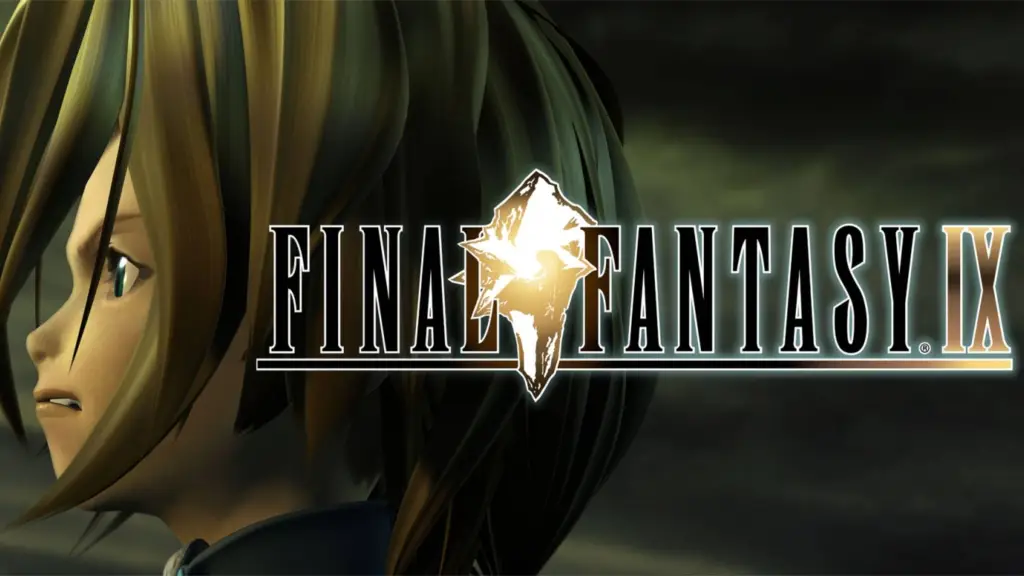 Final Fantasy 9's logo in front of its protagonist.