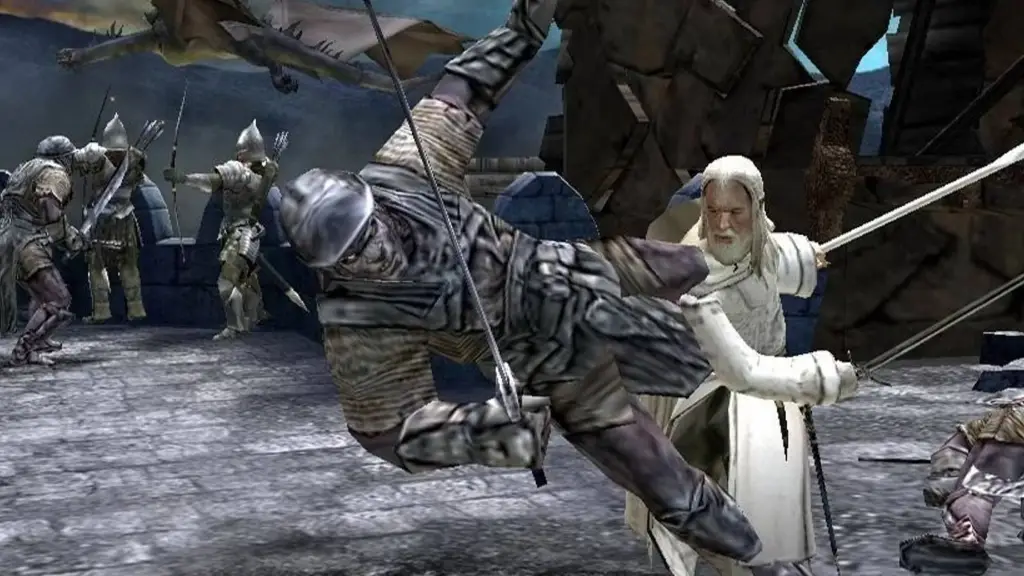 Gandalf hitting an orc in the Lord of the Rings Return of the King video game.