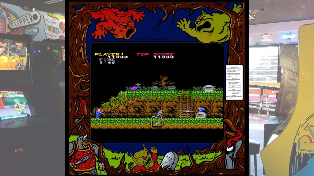 A screenshot from Ghosts 'n Goblins  with arcade bezel art over a picture of Retrovolt Arcade.