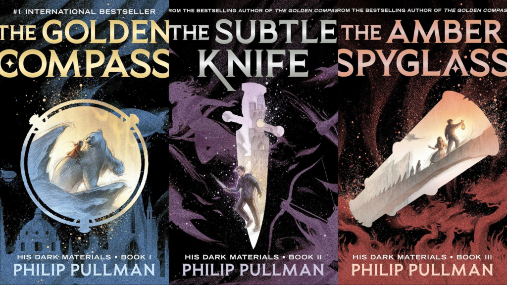 The covers of The Golden Compass, The Subtle Knife, and The Amber Spyglass