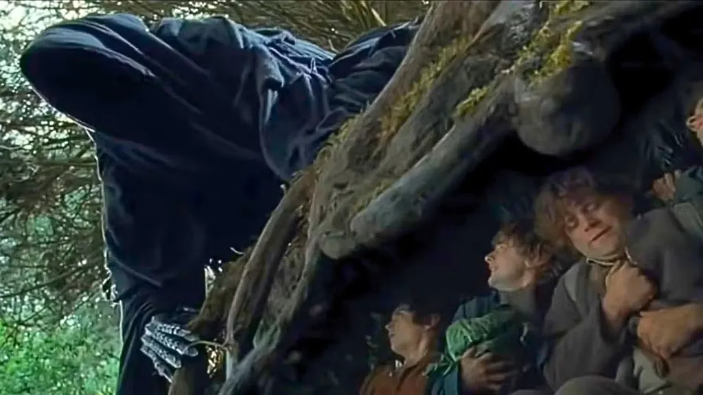 The Hobbits hiding from a Nazgul in The Lord of the Rings: The Fellowship of the Rings