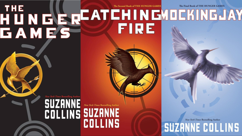 The covers of The Hunger Games, Catching Fire, and Mockingjay