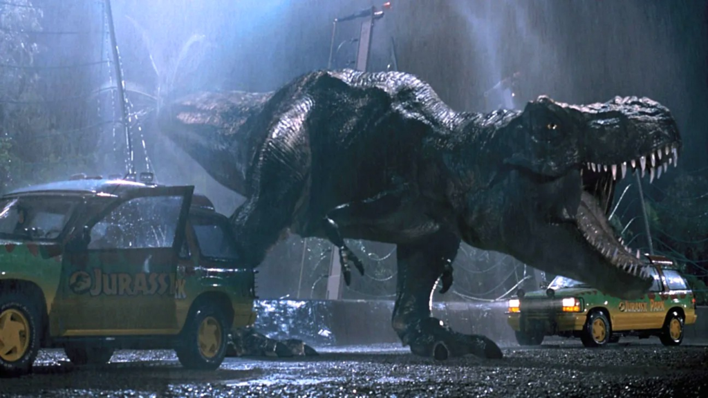The T-Rex roaring in the rain in Jurassic Park