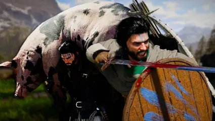 Kliff from Crimson Desert carrying a pig and holding a sword.