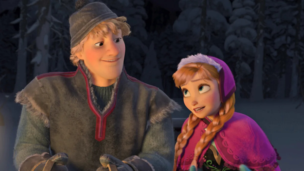 Kristoff and Anna smiling at each other in Frozen