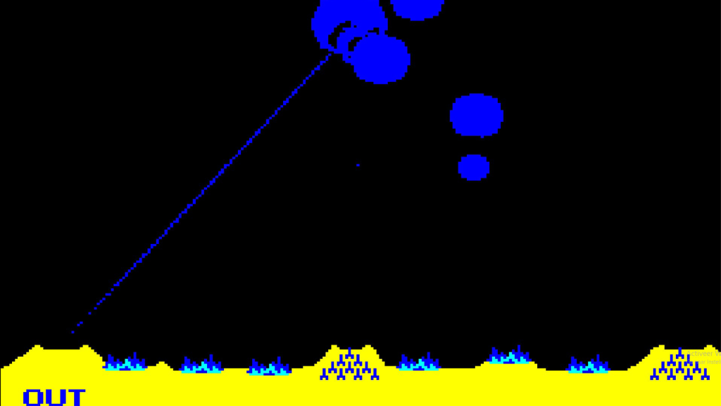 A screenshot from Missile Command.