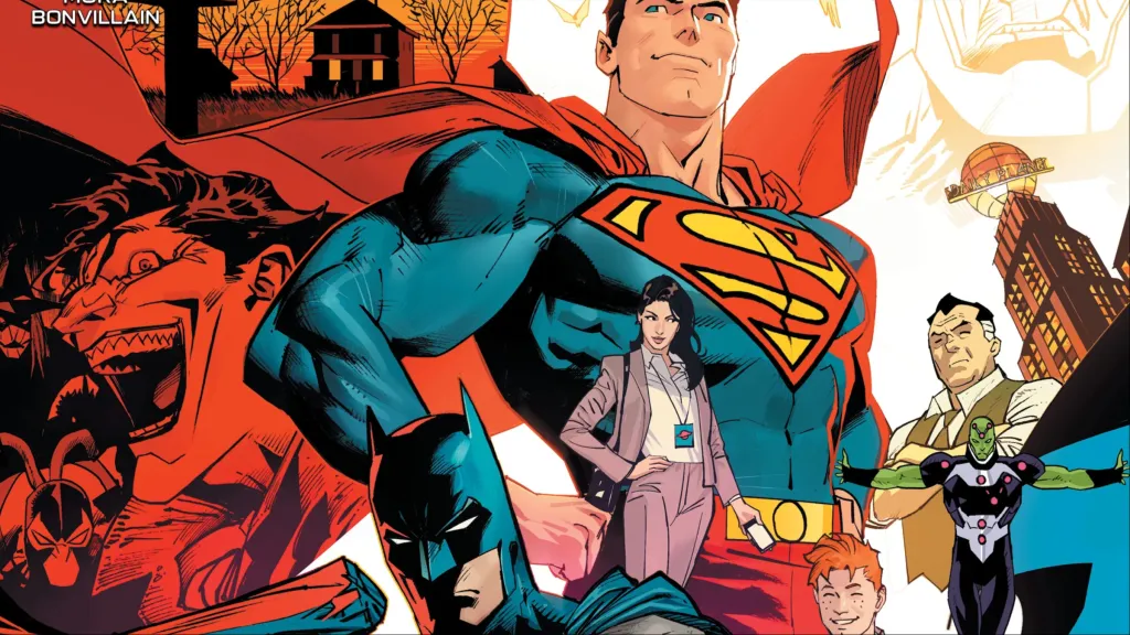 Superman, Batman, and members of both of their supporting casts