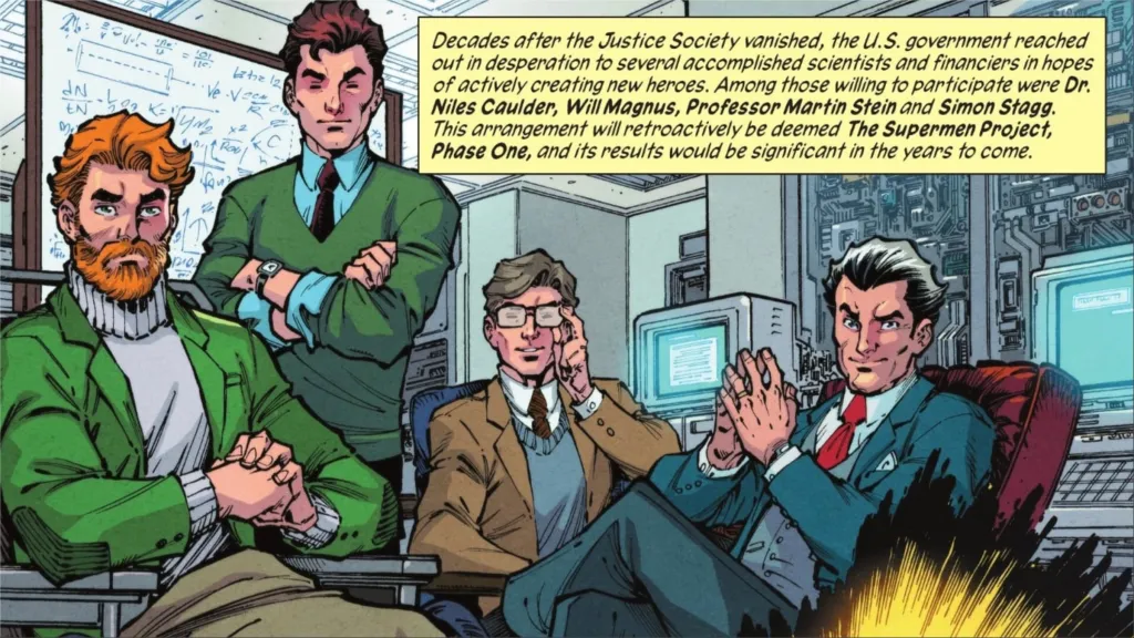 Niles Caulder, Martin Stein, Will Magnus, and Simon Stagg, siting together in a lab