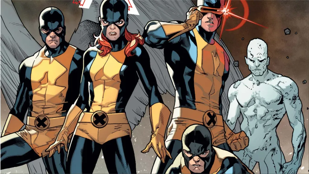 Angel, Marvel Girl, Cyclops, Beast, and Iceman standing together