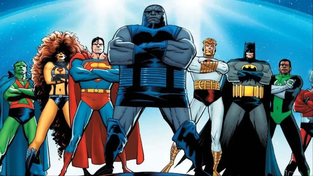 Martian Manhunter, Starfire, Superman, Darkseid, Lightray, Batman, and John Stewart standing together