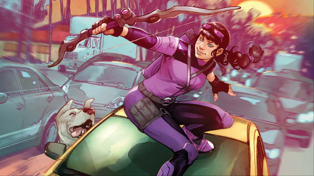 Kate Bishop as Hawkeye riding on top of a cab holding her bow