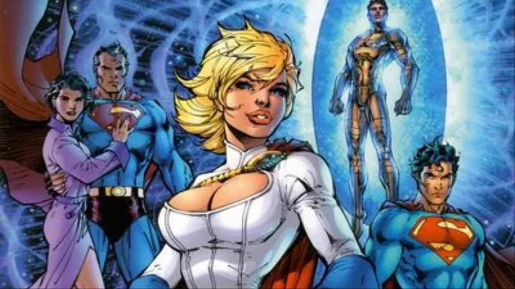 Earth-Two Superman and Lois Lane, Power Girl, Alexander Luthor of Earth-Three, and Superboy-Prime standing together