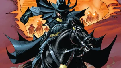 Batman riding on a horse, being chased by outlaws