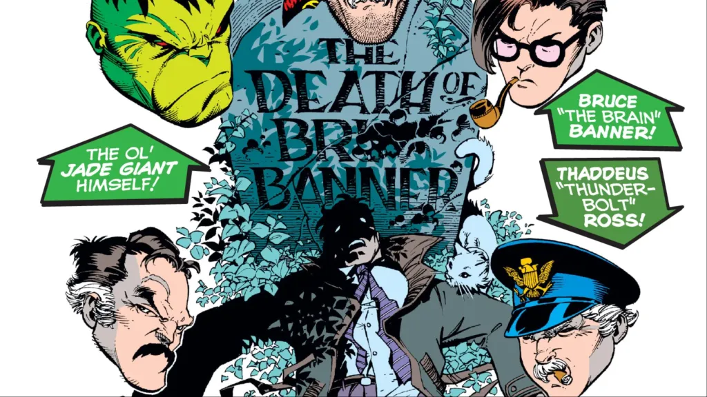 Hulk, Bruce Banner, Thunderbolt Ross, and Brian Banner's heads surrounding Brian Banner's grave