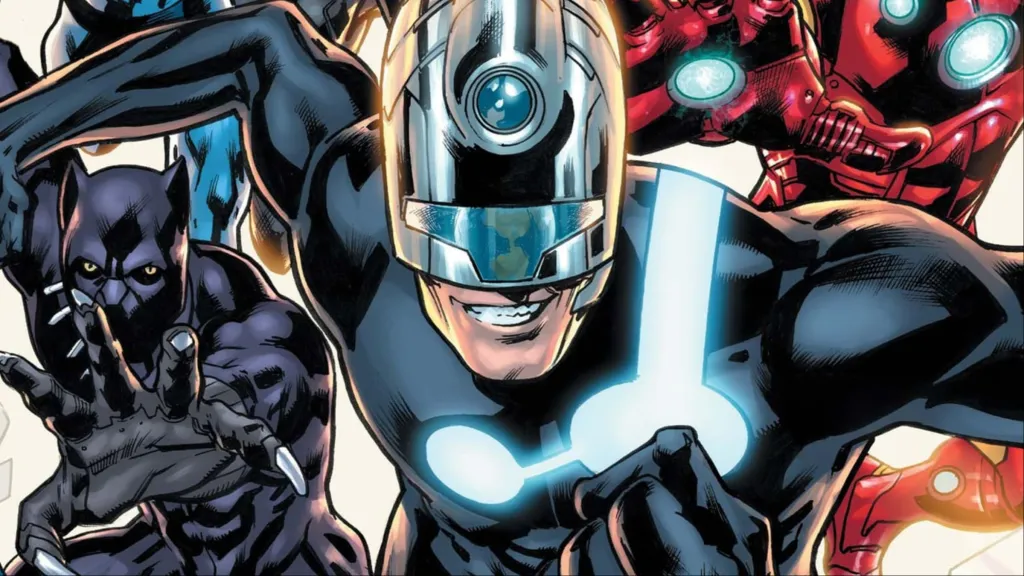 The Maker with Black Panther and Iron Man behind him